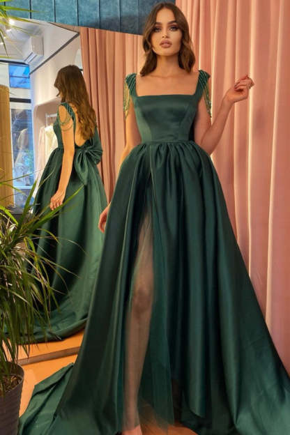 Dark Green Long A-line Satin Front Slit Open Back Prom Dress With Bow - YESBABYONLINE