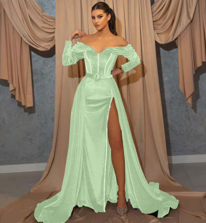 Dark Green Long Sleeve Sweetheart Mermaid Prom Dress with Front Split and Belt