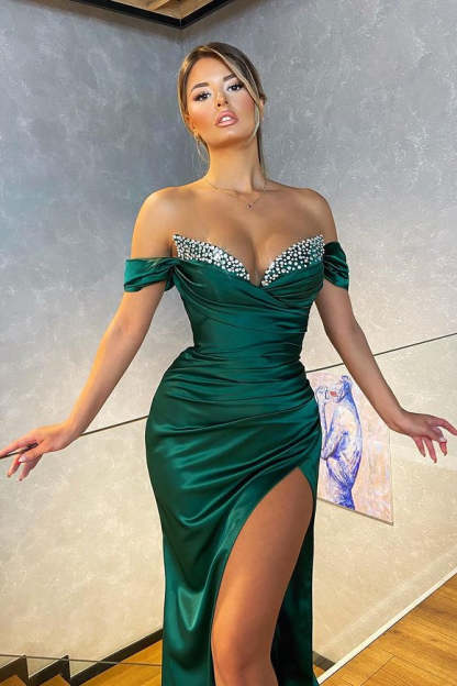 Dark Green Off-the-Shoulder Mermaid Prom Dress with Split