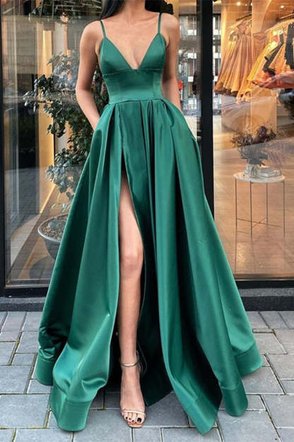 Dark Green Prom Dress with Split and Pockets