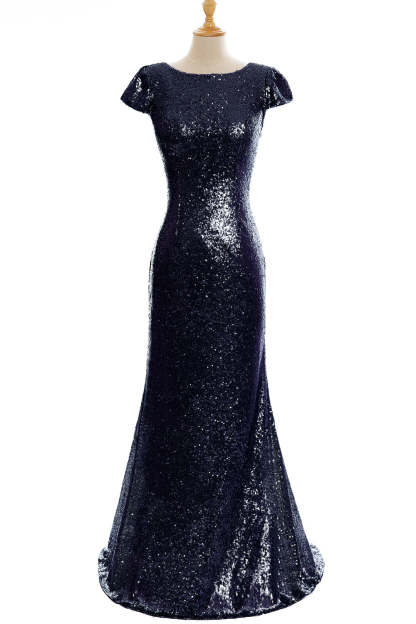 Long Open Back Sequins Scoop Neck Mermaid Floor Length Bridesmaid Dress - YESBABYONLINE