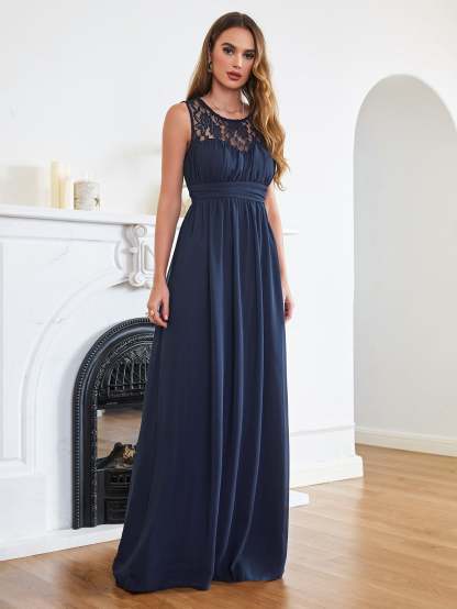 Long A Line Round Neck Chiffon Floor Length Formal Dresses - YESBABYONLINE