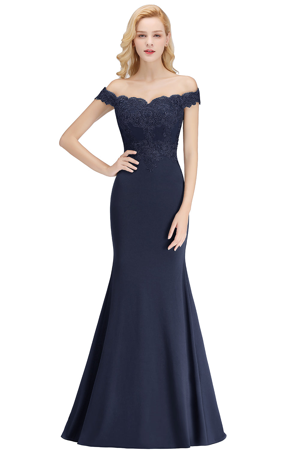 Long Off-the-shoulder Appliques Lace Mermaid Bridesmaid Dress - YESBABYONLINE