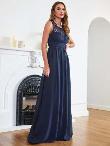 Long A Line Round Neck Chiffon Floor Length Formal Dresses - YESBABYONLINE
