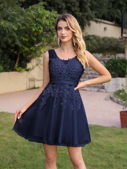 Short A-line Mini Tulle Formal Dress with Lace Appliques - YESBABYONLINE