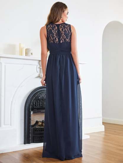 Long A Line Round Neck Chiffon Floor Length Formal Dresses - YESBABYONLINE