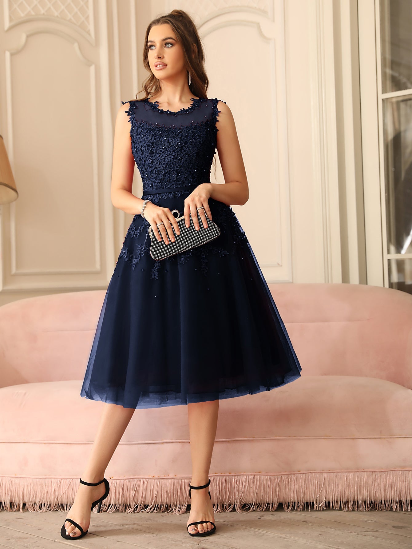 Short A Line Sleeveless Crew Neck Tulle Lace Formal Dress - YESBABYONLINE