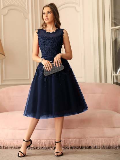 Short A Line Sleeveless Crew Neck Tulle Lace Formal Dress - YESBABYONLINE