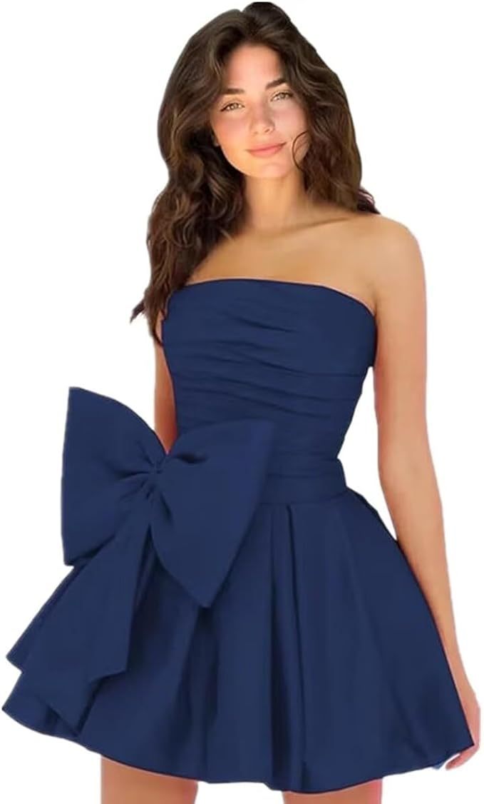 Chic Short A-line Sleeveless Strapless Ruched Lace Up Homecoming Dresses with Bow - YESBABYONLINE