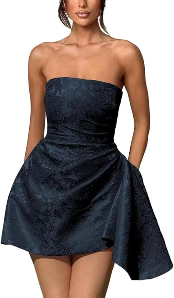 A-line Strapless Jacquard Satin Asymmetrical Lace up Sleeveless Short Homecoming Dress - YESBABYONLINE