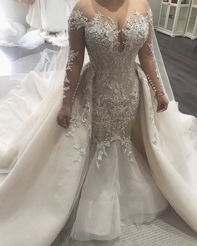 Elegant Long Sleeves Mermaid Sweetheart Tulle Lace Wedding Dresses with Tulle Overskirt - YESBABYONLINE