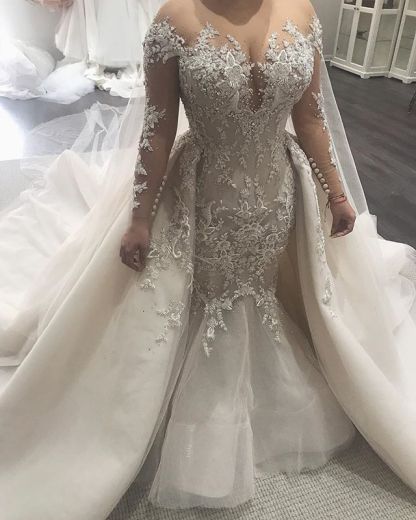 Elegant Long Sleeves Mermaid Sweetheart Tulle Lace Wedding Dresses with Tulle Overskirt - YESBABYONLINE