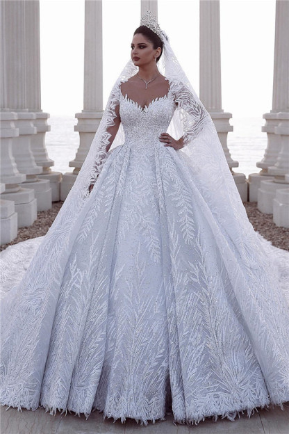 Long Ball Gown Sweetheart Satin Beading Lace Wedding Dress with Sleeves - YESBABYONLINE