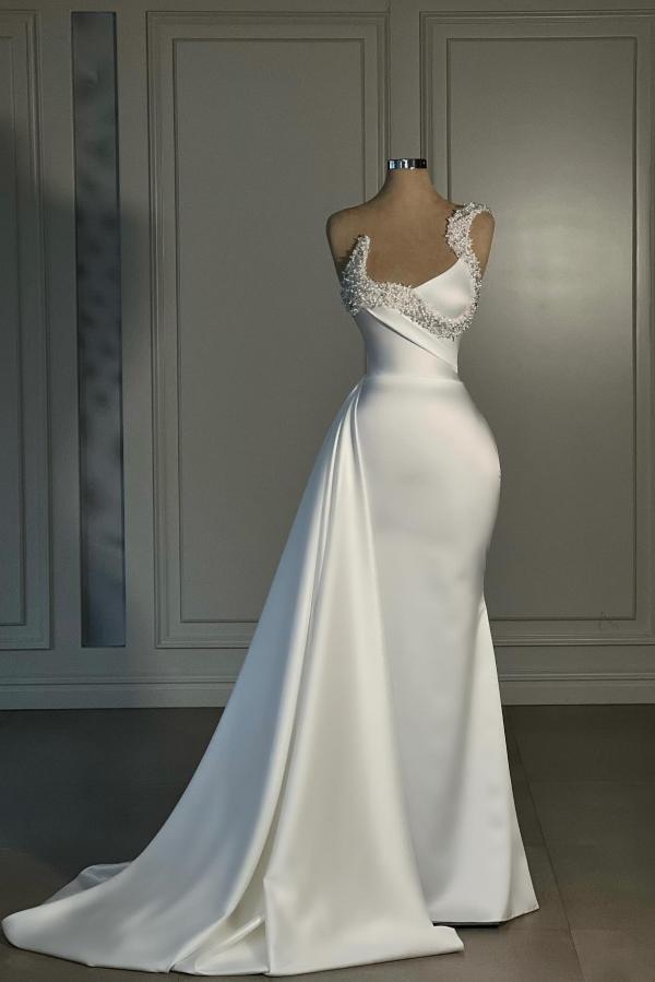 Strapless Long Mermaid White Draped Satin Prom Dress with Beads