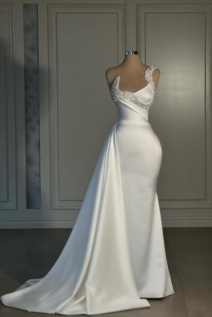 Strapless Long Mermaid White Draped Satin Prom Dress with Beads