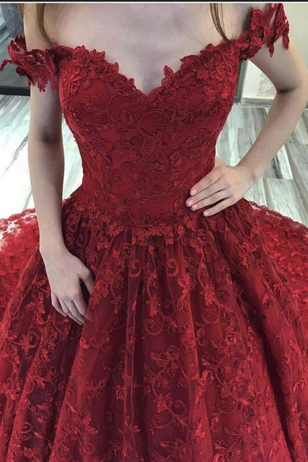 Elegant Long Off the Shoulder Sleeveless Lace Ball Gown Wedding Dresses with Appliques - YESBABYONLINE
