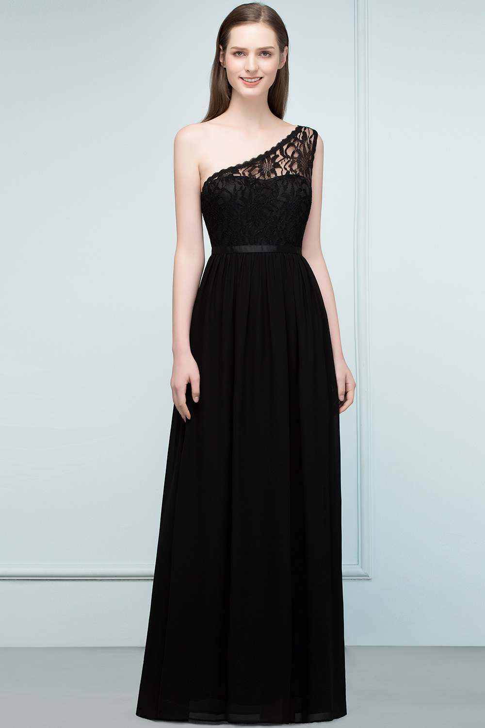Long A Line One shoulder Floor Length Lace Chiffon Bridesmaid Dress - YESBABYONLINE