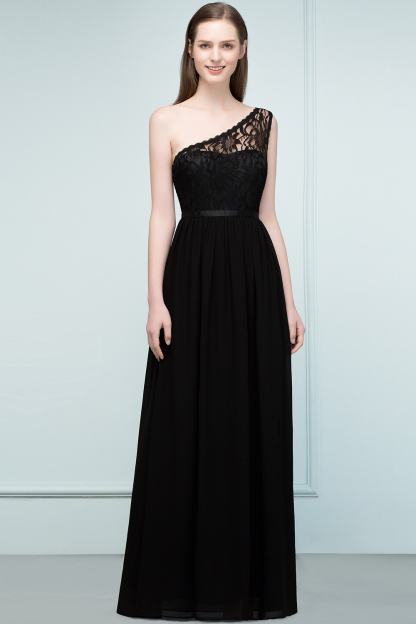 Long A Line One shoulder Floor Length Lace Chiffon Bridesmaid Dress - YESBABYONLINE