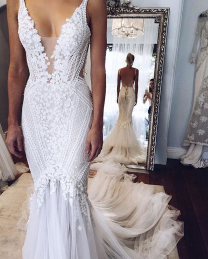 Glamorous Long Mermaid V-Neck Open Back Tulle Appliques Lace Wedding Dress - YESBABYONLINE