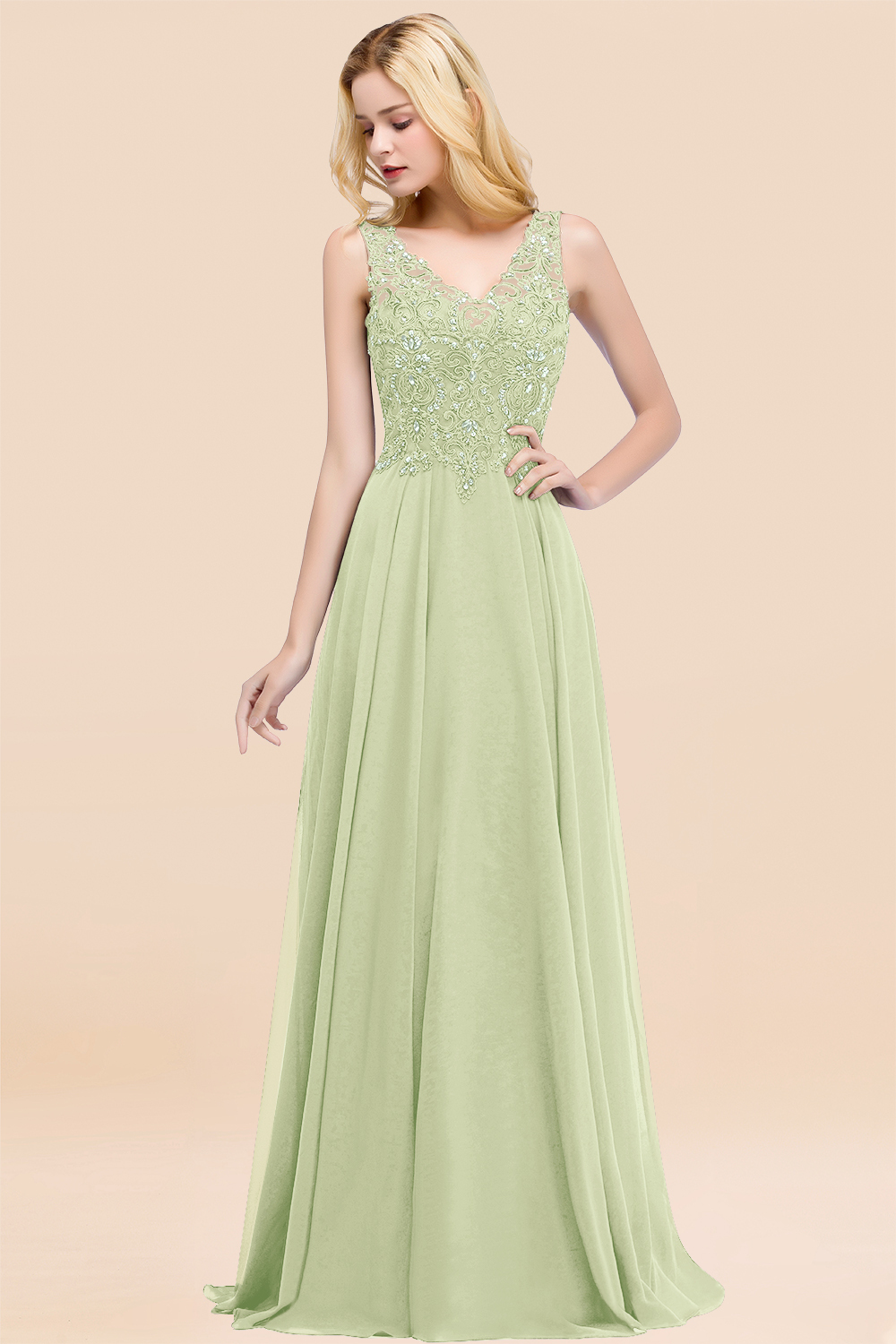 Long A-line Straps V Neck Applique Lace Floor Length Chiffon Bridesmaid Dresses - YESBABYONLINE