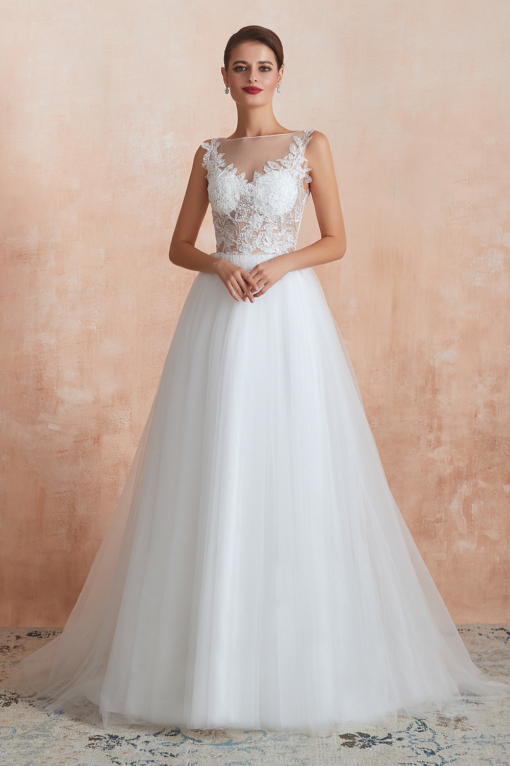 Long A-line Bateau Sleeveless Floor Length Tulle Lace Wedding Dresses - YESBABYONLINE