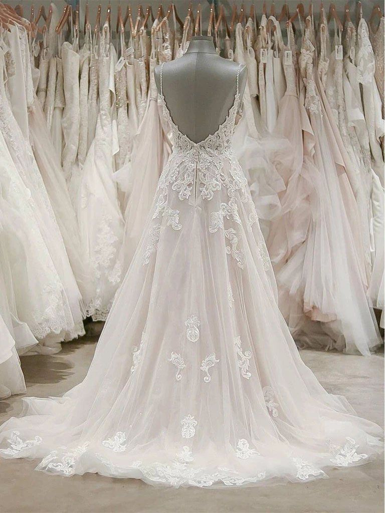 Long A Line V Neck Spaghetti Strap Lace Tulle Open Back Wedding Dresses - YESBABYONLINE