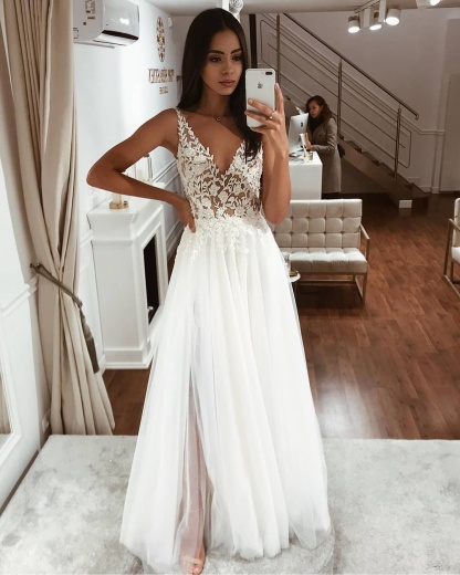 Long Straps V Neck Applique Lace V-neck Tulle Floor Length A Line Wedding Dresses - YESBABYONLINE