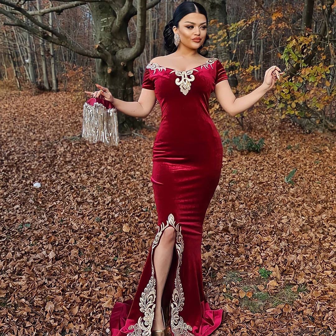 Sexy Long Mermaid Off The Shoulder Floor Length Gold Lace Velvet Red Prom Dresses - YESBABYONLINE