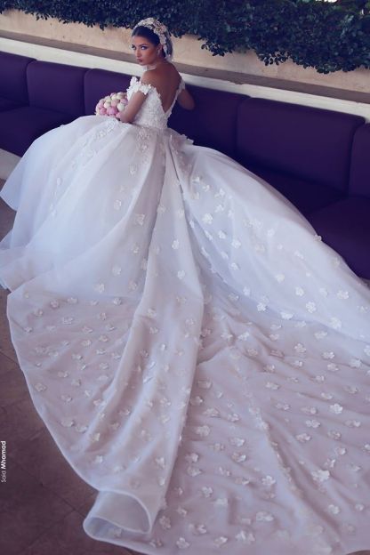 Long Ball Gown Off-the-Shoulder Satin Appliques Lace Backless Wedding Dresses - YESBABYONLINE