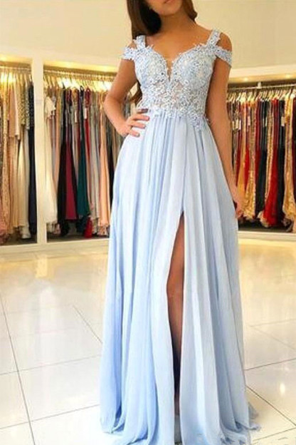 Elegant Sky Blue Long A-line Chiffon Appliques Lace Prom Dresses with Side Slit - YESBABYONLINE