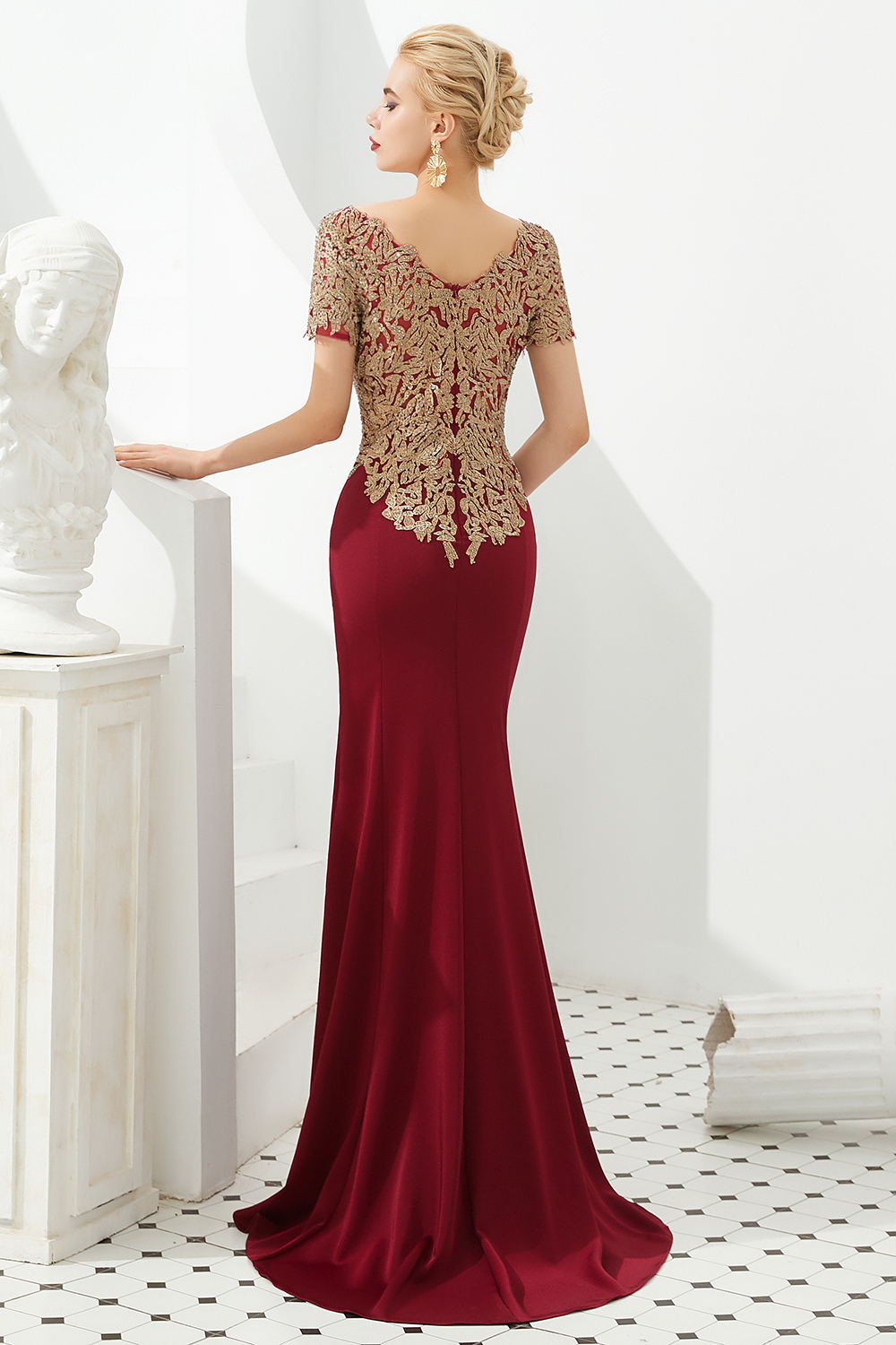 Long Mermaid Bateau Satin Applique Lace Evening Dresses with Short Sleeves - YESBABYONLINE