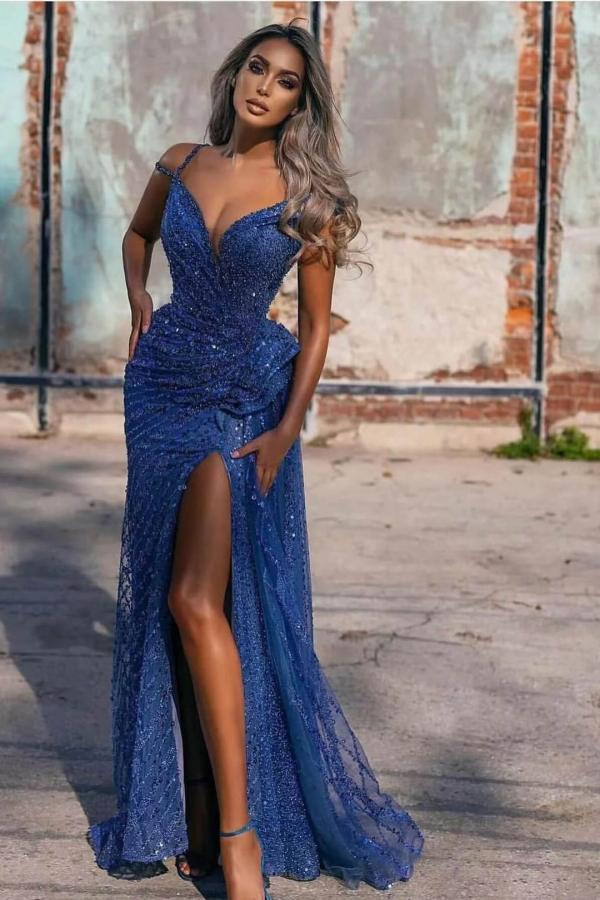 Stylish Long Sleeveless Spaghetti Strap Sweetheart Sequins Mermaid Prom Dresses with Slit - YESBABYONLINE