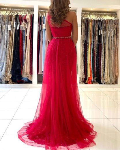 Vintage Long One Shoulder Tulle Split Lace Mermaid Prom Dresses - YESBABYONLINE