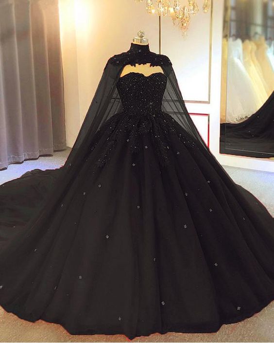 Mordest Black Long Ball Gown Tulle Sweetheart Prom Dress with Ruffles - YESBABYONLINE