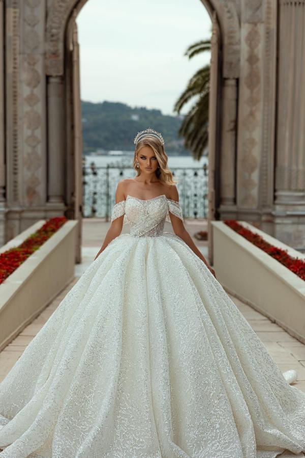 Gorgeous Long Ball Gown Off the Shoulder Sequined Wedding Dress - YESBABYONLINE