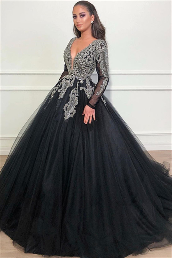 Long Sleeves V-Neck Appliques Lace Black Ball Gown Long Prom Dress - YESBABYONLINE