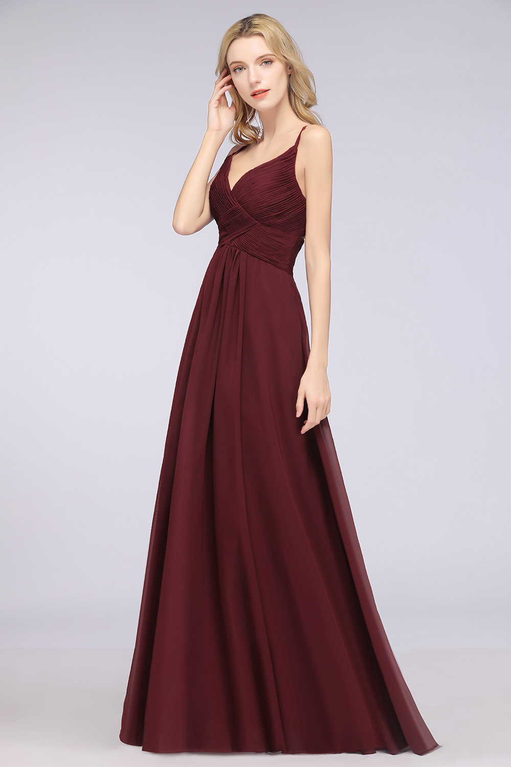 Long A-Line Spaghetti Straps V-Neck Sleeveless Backless Bridesmaid Dress with Ruffles - YESBABYONLINE