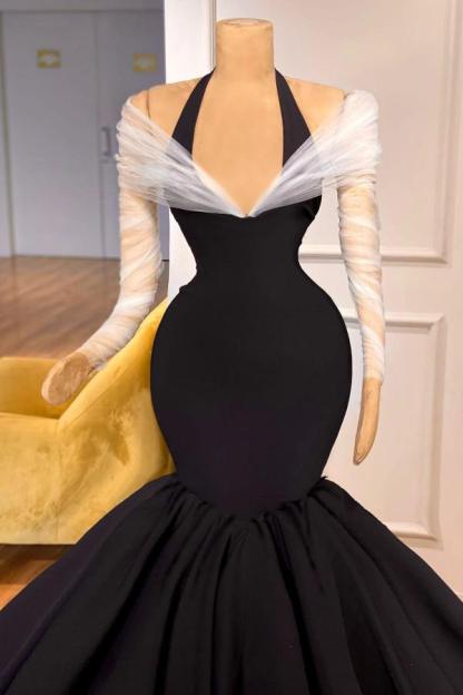 Elegant Long Halter Off-The-Shoulder Mermaid Satin Prom Dresses with Sleeves - YESBABYONLINE