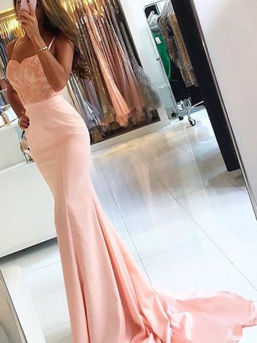 Long Mermaid Sweetheart Sleeveless Spaghetti Strap Lace Appliques Prom Dress - YESBABYONLINE