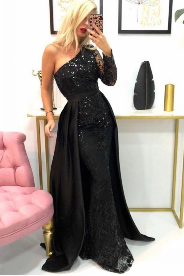 Black Long One Shoulder Mermaid Lace Satin Prom Dress with Sleeves - YESBABYONLINE