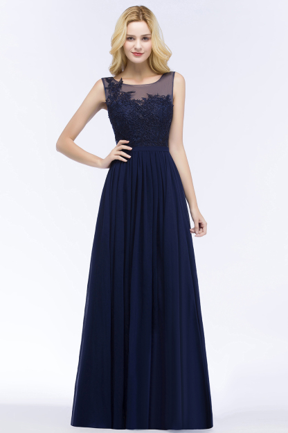 Long A line Appliques Lace Scoop Sleeveless Floor Length Bridesmaid Dresses - YESBABYONLINE