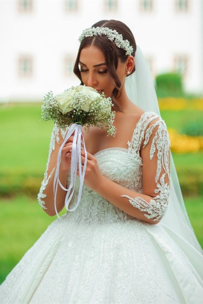 Elegant Long A-line Sweetheart Chapel Train Satin Wedding Dress with Sleeves - YESBABYONLINE