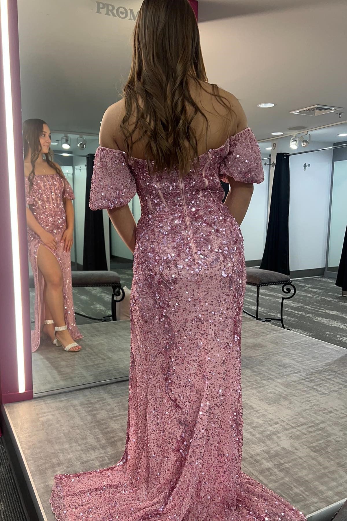 Dusty Rose Off-the-Shoulder Beaded Sequins Long Prom Dress