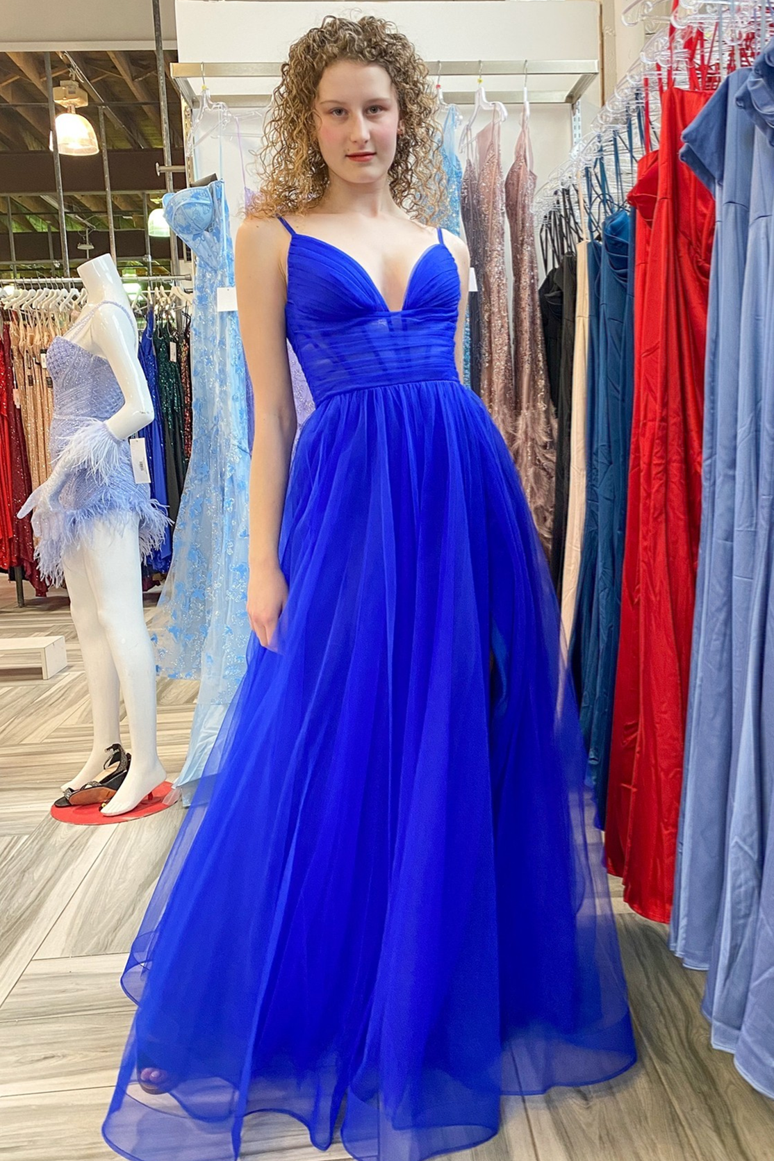 Dusty Sage Tulle Plunging V Straps Long Prom Dress