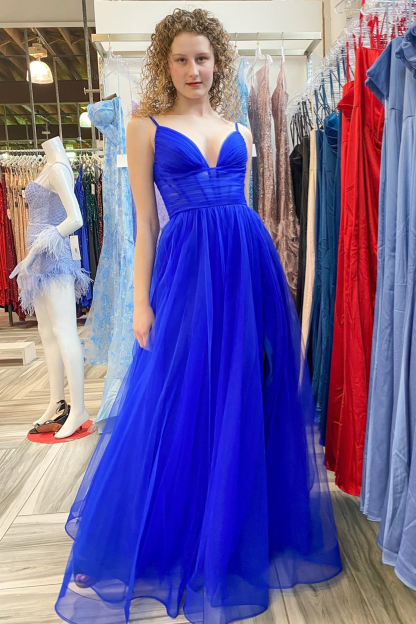 Dusty Sage Tulle Plunging V Straps Long Prom Dress