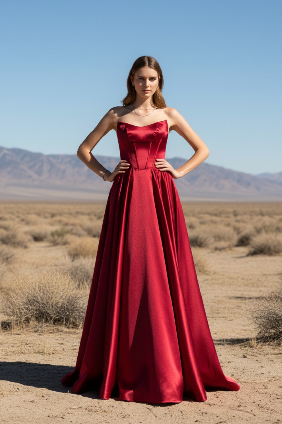 A line Stain Strapless Floor-Length Satin Prom Dresses