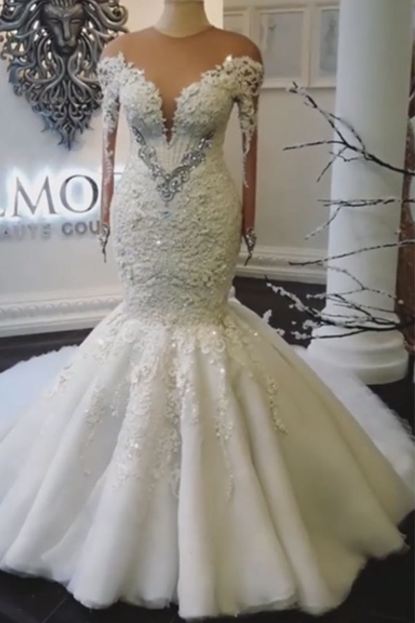Stunning Long Sweetheart Tulle Beaded Mermaid Wedding Dresses with Sleeves - YESBABYONLINE
