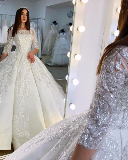 Long Ball Gown Satin Lace Wedding Dresses with Sleeves - YESBABYONLINE