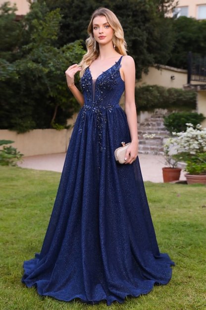 Long V-Neck Sleeveless A-Line Sequined Backless Prom Dresses - YESBABYONLINE