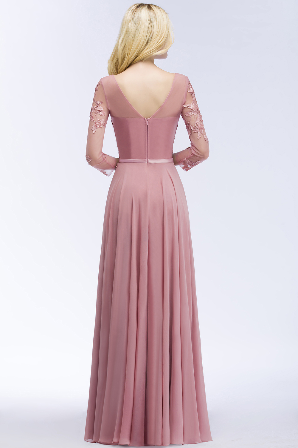 Long A-line V-Neck Chiffon Lace Floor-Length Bridesmaid Dresses with Sleeves - YESBABYONLINE